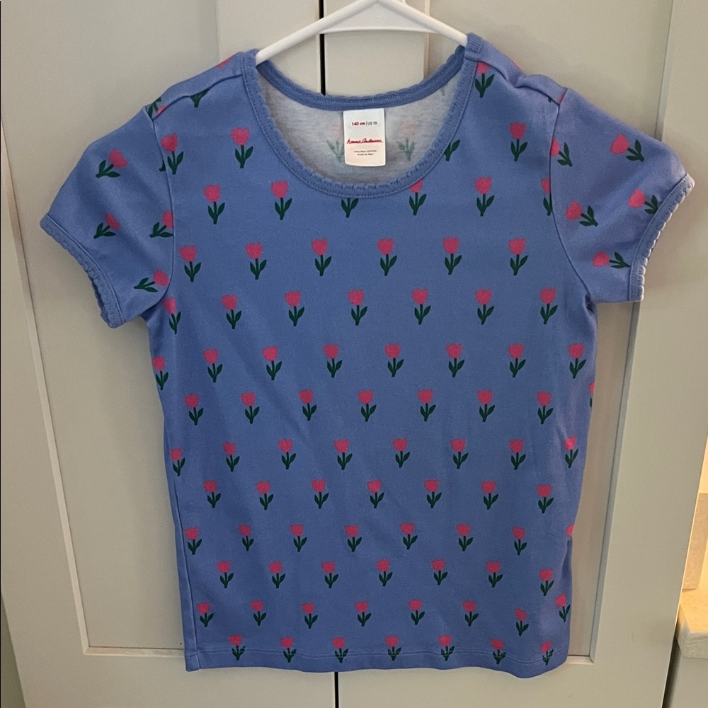 Hanna Andersson Blue Tee with Pink and Green Floral Design